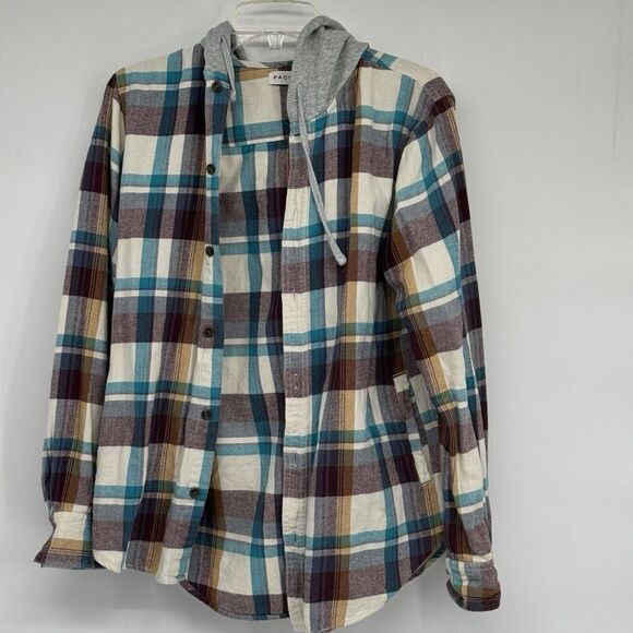 PacSun Mens Hooded Flannel Shirt Size Small Long Sleeves Multicolor Plaid Camp - Picture 1 of 4
